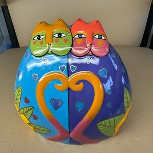 Laurel Burch Two Cat Heart Coin Bank Ganz Colorful Ceramic 6 inches Signed